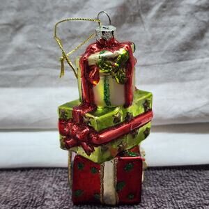 Glass stacked presents Christmas Ornament b34